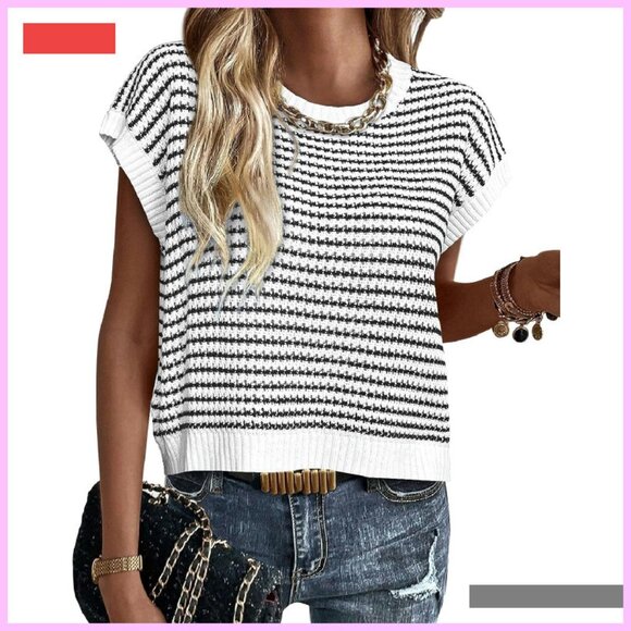 Striped Short Sleeve Pullover Sweater Vest Top, Knit Material, Spring Summer - Picture 1 of 4